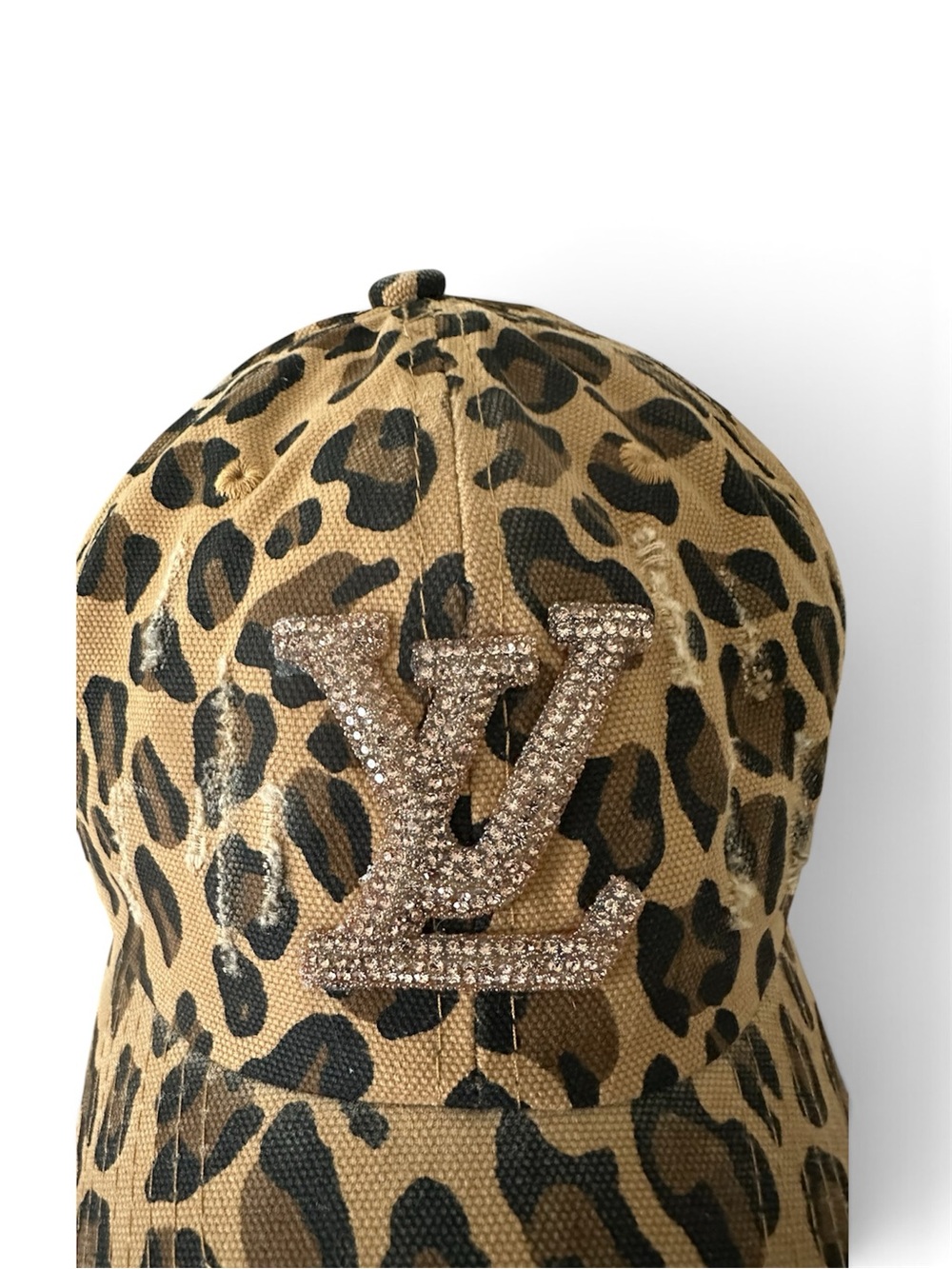 Leopard Print Baseball Cap with Crystal LV Accent - Tan/Black - Picture 2 of 5